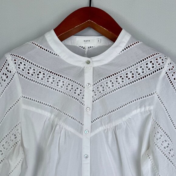Maye The Fleur Cotton White Eyelet Embroidered 3/4 Ballon Sleeve Blouse Small - Picture 3 of 14